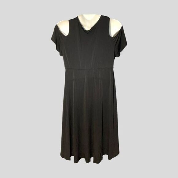 TORRID PLUS Size Black Mini Studio knit Cold Shoulder Wrap Dress. - Picture 5 of 13